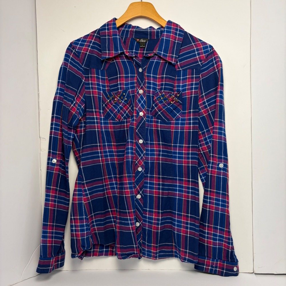 Guess Womens Blue Pink Plaid Studded Western Button Down Shirt Large Q33H07W4QX0